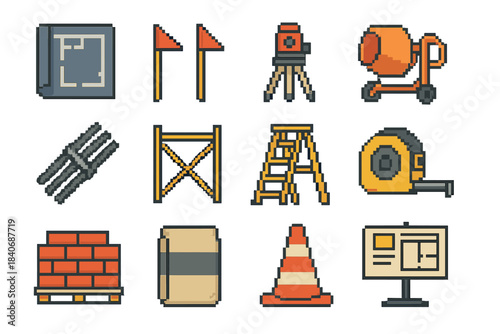 Construction Icons Collection. Construction Workflow Elements set of icons in flat pixel vector style: blueprint sheet, marking stakes, laser level, concrete mixer, rebar bundle,