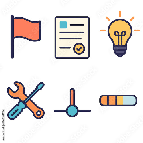 Project Start Icons. Project Beginning flat set: kickoff flag, initial plan sheet, idea spark, setup tools, timeline start point, early progress bar.