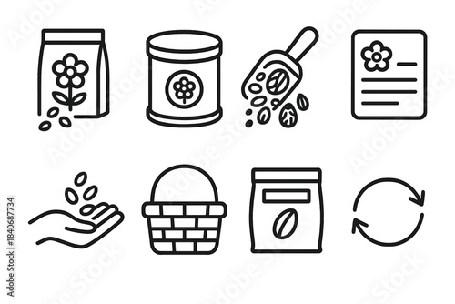 Garden Seed Icons. Garden seed exchange icons linear set: seed packet, collection tin, seed mix scoop, info card, sharing hand, trade basket, labeled bag, swap symbol.