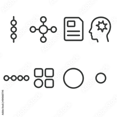 Memory Icons Set. Memory Concept Set linear set: recall bead, mind map node, memory card tile, thought spark, timeline strand, pattern cue, recognition ring, clarity dot.