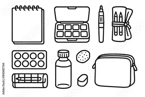 Portable Art Kit Icons. Outdoor Art Kit linear set: plein-air sketch pad, portable gouache pans, travel brush wand, mini pencil roll, pigment sampler, small water bottle, tiny