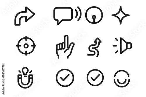 Persuasion Icons Set. Persuasion Icons linear set: guiding arrow, compelling speech bubble, influence wave, focus lens, convincing hand gesture, clarity spark, decision nudge icon,