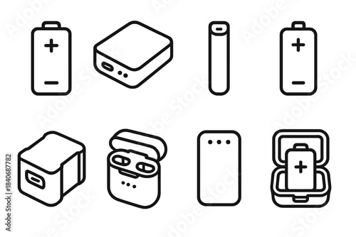 Battery Pack Icons. Battery Packs linear set: rechargeable battery, power bank, slim battery pack, high-capacity cell, USB-C charging port, LED charge indicator, rugged power brick