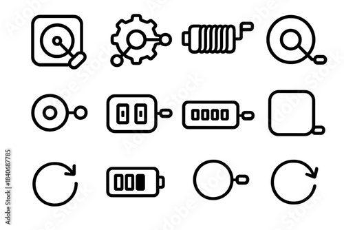 Hand-Cranked Energy Icons. Hand-Cranked Energy Devices linear set: rotary crank tile, gear node, coil bar, output ring, charge indicator dot, USB panel, LED stripe, portable patch,
