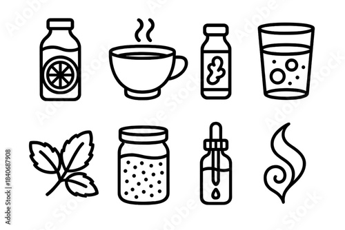 Wellness Beverage Icons. Energizing Wellness Sips linear set: citrus infusion bottle, matcha cup, ginger shot vial, vitamin water glass, mint sprig, chia gel jar, electrolyte