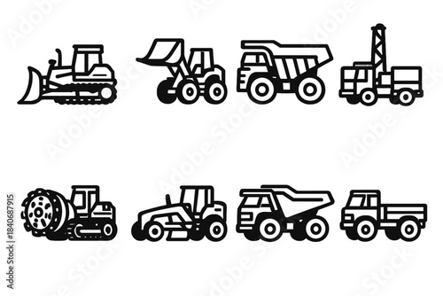 Mining Vehicles Silhouette. Resource extraction heavy vehicles linear set: mining dozer, loader shovel, haul truck, blasting support truck, tunnel excavator, wheel grader, rock
