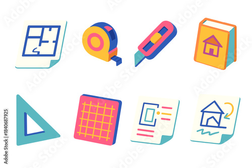 Isometric Architecture Icons. Architecture learning elements isometric flat set: floor plan sheet, measuring tape, model knife, reference book, drafting triangle, grid board,