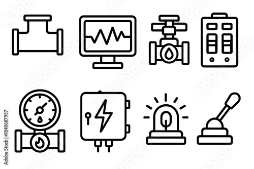 Industrial Icon Set. Utility Operation Set linear set: pipe junction, monitor screen, circuit breaker, water regulator, gas flow dial, electrical box, warning beacon, control lever