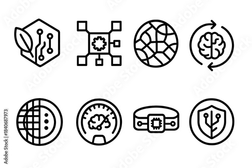 Bio-Digital Icon Set. Bio-Digital Intelligence Set linear set: bio-input sensor node, digital pattern engine, adaptive reasoning tile, hybrid synergy loop, biological dataset bead,