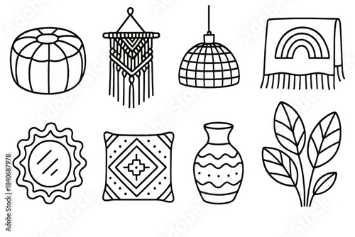 Boho Decor Icons. Interior aesthetic variety linear set: boho pouf, macramé hanger, rattan lamp, bright textile, eclectic mirror, patterned cushion, artisan vase, leafy wall décor.