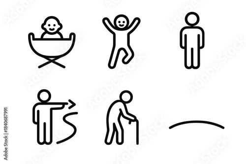 Life Stages Icons. Age progression icons linear set: cradle shape, playful youth icon, steady adult stance, guiding path, support arc, gentle horizon.