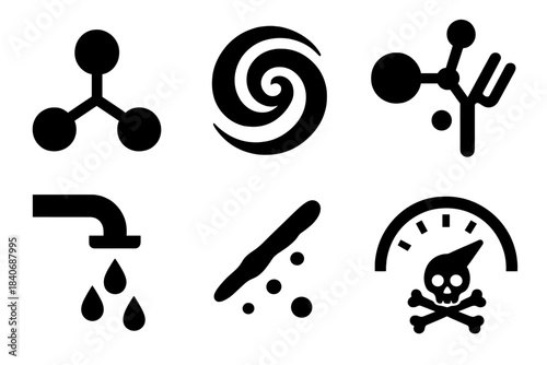 Bold Chemistry Icons. Chemical Micro-Pollutant Set silhouette set: solvent molecule symbol, volatile compound swirl, binding site diagram, micro-leak pathway, contaminant trace