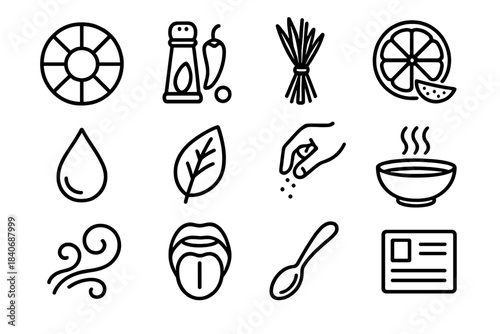 Flavor Wheel Icons. Taste Discovery Basics linear set: flavor wheel icon, spice trio, herb bundle, citrus zest, sweet drop symbol, bitter leaf, salty crystal pinch, umami bowl,