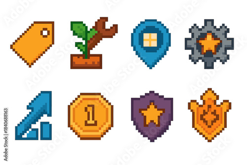 Role Progression Icons. Role Development Stages set of icons in flat pixel vector style: initiate tag, growing skill tool, proficient marker, strong gear emblem, advanced sign,