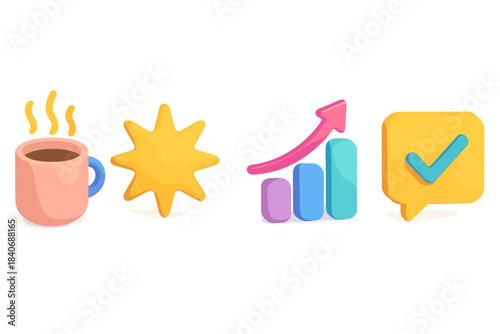 Motivational Icon Set. Everyday Motivation flat isometric set: morning boost spark, steady-progress bead, encouragement cue tile.