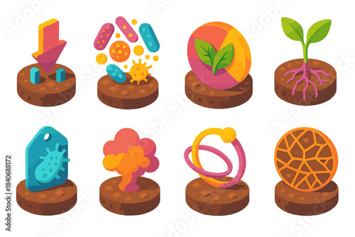 Colorful Soil Microbial Icons. Soil Microbial Processes flat isometric set: mineral uptake arrow, microbe cluster zone, decomposition wheel, root–soil synergy icon, beneficial