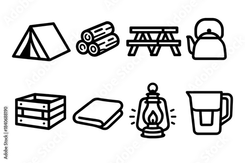 Camping Icon Set. Camp setup collection linear set: ridge tent, wood stack, picnic bench, kettle pot, storage crate, ground cloth, lantern glow, water filter jug.