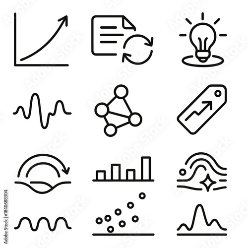 Digital Data Icons. Digital Trend Dynamics linear set: rising curve, info packet, circulating arrows, spotlight insight, wave signal, node cluster, timeline bar, trending tag, flow