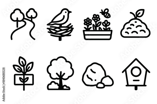 Sustainable Habitat Icons. Sustainable Habitat Tools linear set: green corridor path, nesting site icon, pollinator garden bed, compost pile, native plant tag, shade tree,