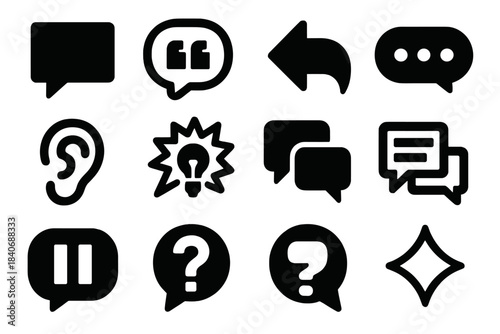 Brutalist Speech Icons. Dialogue Essentials silhouette set: speech bubble, quote balloon, reply arrow, typing indicator, chat dots, listening ear, idea spark bubble, conversation