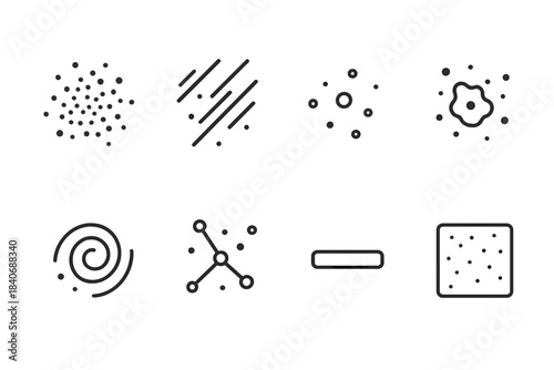 Invisible Waste Trace Icons. Invisible Waste Trace Set linear set: micro-scatter dust, subvisible film streak, trace particle icon, tiny pollutant spot, micro-debris swirl, faint