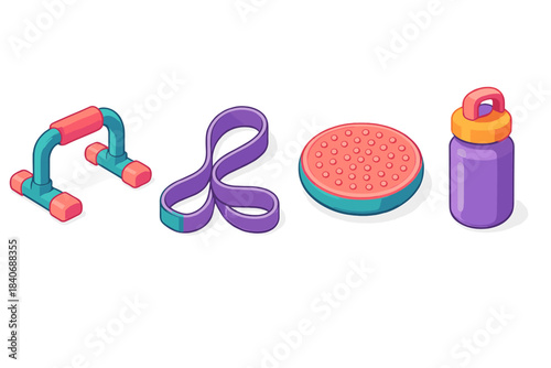 Mobile Fitness Icons. Mobile Training Essentials flat isometric set: collapsible push-up bar, stretch strap, compact balance disk.