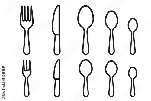 Dining Cutlery Collection. Dining Cutlery Basics linear set: large fork, sharp-edge knife, round-bowl spoon, small tea spoon, appetizer fork, serrated utility knife, deep soup