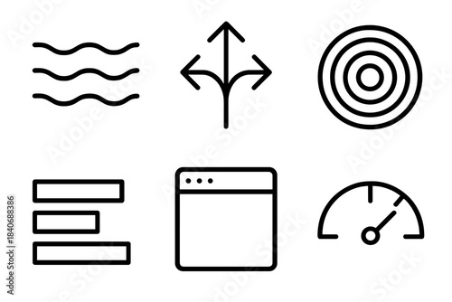 Multiverse Decision Icons. Multiverse Scenario Exploration linear set: parallel timeline bands, choice fork icon, ripple effect ring, outcome spectrum bar, scenario window,