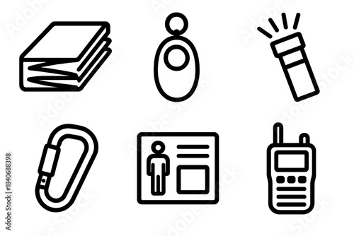 Safety Equipment Icons. Portable Safety Equipment linear set: thermal blanket, wearable alarm, compact flare, sturdy carabiner, safety card, portable radio.