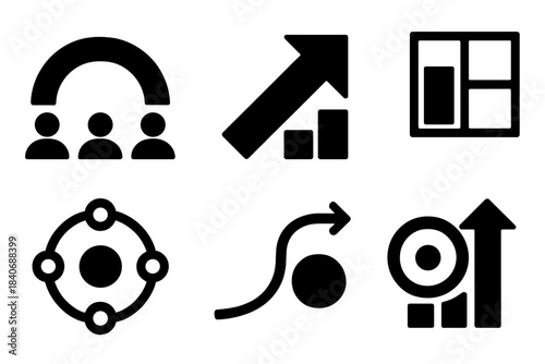 Brutalist Data Icons. Audience Insight Set silhouette set: audience trend arc, discovery arrow, engagement level bar, segment analysis tile, retention node ring, reach pathway