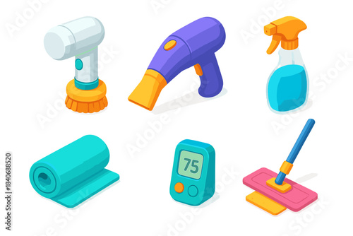 Stylish Cleaning Gadgets. Mobile Cleaning Devices flat isometric set: rechargeable scrubber, portable vacuum nozzle, foldable mop, cleaning solution bottle, microfibre towel,