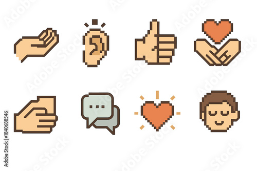 Empathy Icon Set. Empathic Communication Set set of icons in flat pixel vector style: gentle hand, mindful ear, supportive sign, warm-heart link, comfort gesture, understanding
