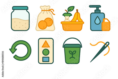Zero-Waste Icons. Zero-Waste Action Elements flat set: glass storage jar, fabric produce bag, scrap collection tray, refill station icon, repurpose arrow, sorting panel, compost