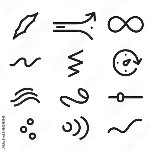 Dynamic Motion Icons. Dynamic Expression Toolkit linear set: energy arc, pulse beam, momentum arrow, rhythmic loop, fluid transition mark, twist path icon, direction-change dial,