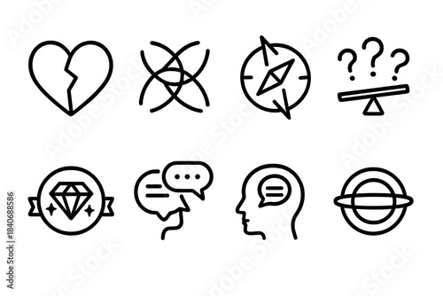 Inner Conflict Icons. Inner Struggle Framework linear set: heavy-heart emblem, tension strands, unclear-direction compass, dilemma seesaw, conflicting values badge, pressure halo,