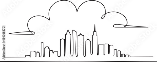 Continuous Line Skyline with Cloud Curves Integrated Minimal Artistic Illustration