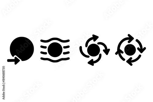 Brutalist Particle Icons. Airborne Particle Behavior silhouette set: drift-path mote, suspended dust bead, turbulence-flow node.