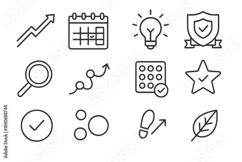 Motivated Learning Icons. Motivated Learning Set linear set: growth arrow, study planner, inspiration spark, challenge badge, focus lens, learning path line, habit tracker,