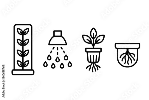 Urban Horticulture Icons. Next-Gen Urban Horticulture linear set: vertical grow tower, nutrient mist nozzle, compact root pod.