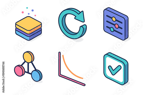 Isometric Data Icon Set. Model Training Elements isometric flat set: dataset stack, training loop arrow, parameter slider, loss curve, model node, validation check.