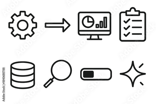 IT Optimization Icons. Process Optimization in IT Essentials linear set: gear icon, flow arrow, dashboard screen, checklist, data block, clarity circle, progress bar, improvement