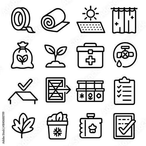 Seasonal Home Preparation Icons. All-Season Home Prep linear set: weather seal tape, insulation roll, summer shade cloth, winter curtain, fall cleanup bag, spring garden sprout,