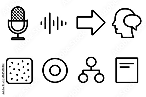 Audio Icon Array. Audio Storytelling Set linear set: spoken-word mic, narrative rhythm bar, scene-transition arrow, character-voice bubble, ambience layer tile, plot-beat ring,