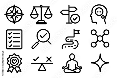 Ethical Decision Icons. Moral Decision-Making Icons linear set: virtue compass, ethical scale, dilemma arrows, reflective bubble, principle list, integrity lens, right-action path,
