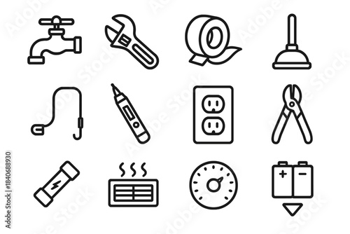 Home Utility Icons. Home Utility Essentials linear set: faucet wrench, pipe tape, plunger, drain snake, voltage tester, outlet cover, wire cutter, fuse icon, airflow vent,