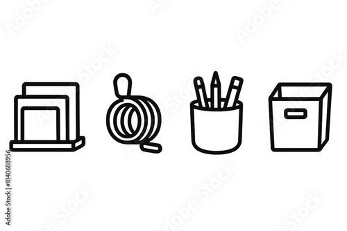 Office Gear Icons. Office Organization Gear linear set: letter-sorter panel, cable-holder coil, desktop-bin bead.