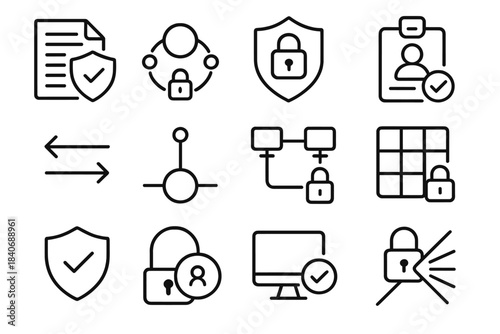 Secure Data Icons. Secure Data Exchange linear set: shielded packet, encrypted stream, lock icon, authentication badge, transfer arrows, gateway node, safe bridge line, protocol