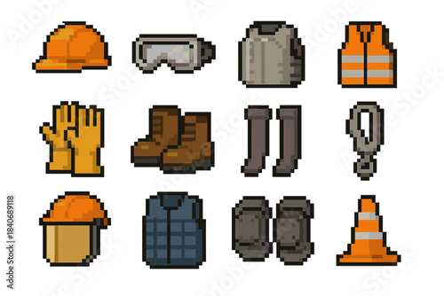 Safety Gear Icons. Occupational Protective Elements set of icons in flat pixel vector style: safety helmet, clear goggles, dust mask, reflective jacket, insulated gloves, vibration