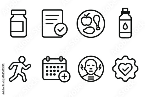Preventive Health Icons. Preventive Care Set linear set: vaccine vial, checkup form, nutrition plate, hydration bottle, fitness icon, screening calendar, symptom guide, healthy