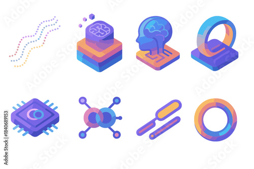 Colorful Tech Icons Set. Bio-Tech Intelligence Framework flat isometric set: biological signal stream, digital inference block, hybrid cognition bridge, adaptive learning arc,
